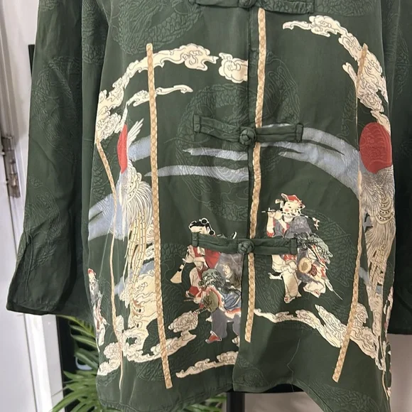 Citron Santa Monica Top Army Green Silk Asian Print Mandarin Collar Women’s M - Picture 3 of 15